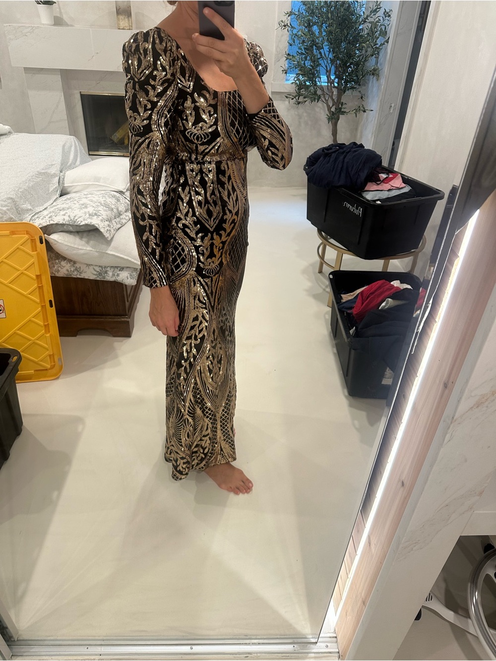 Elegant Black & Gold Sequin Long Sleeve Evening Gown